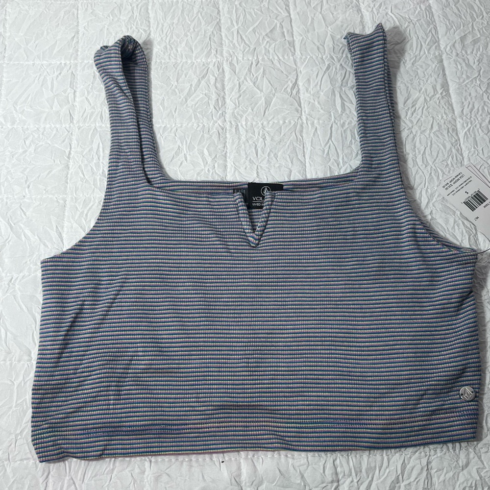 Volcom Blue and Gray Striped Crop Top